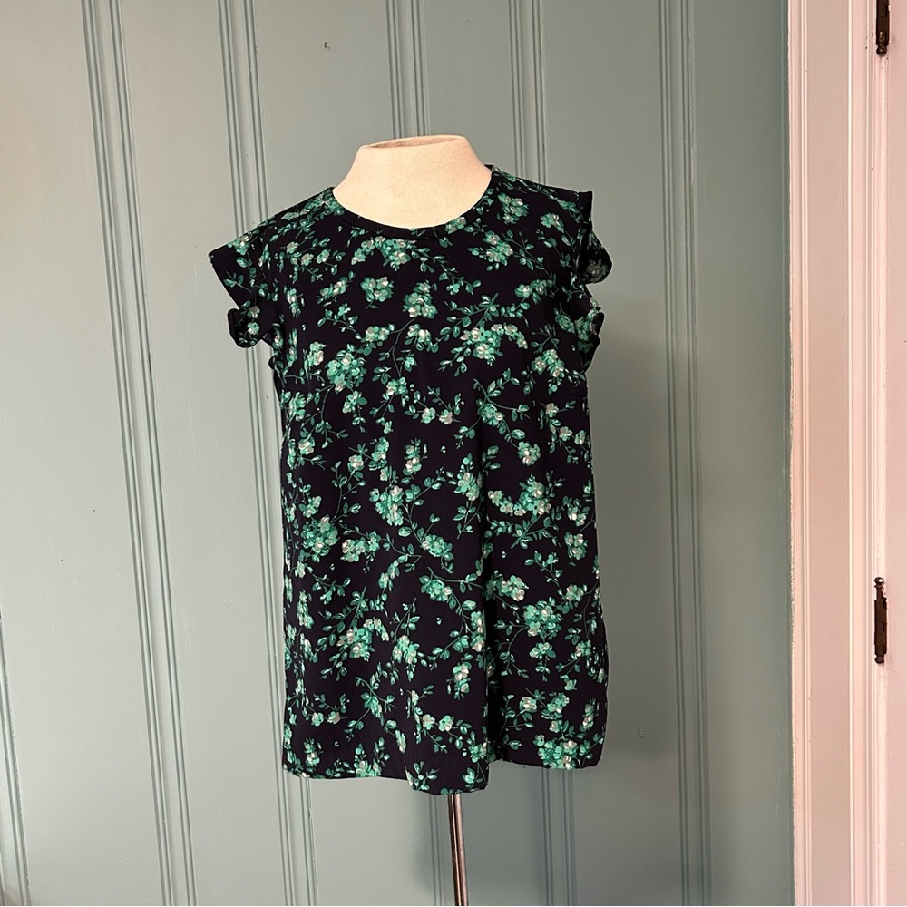 J. Crew Black, Green, and Blue Floral Ruffled Sleeveless Blouse with back zipper